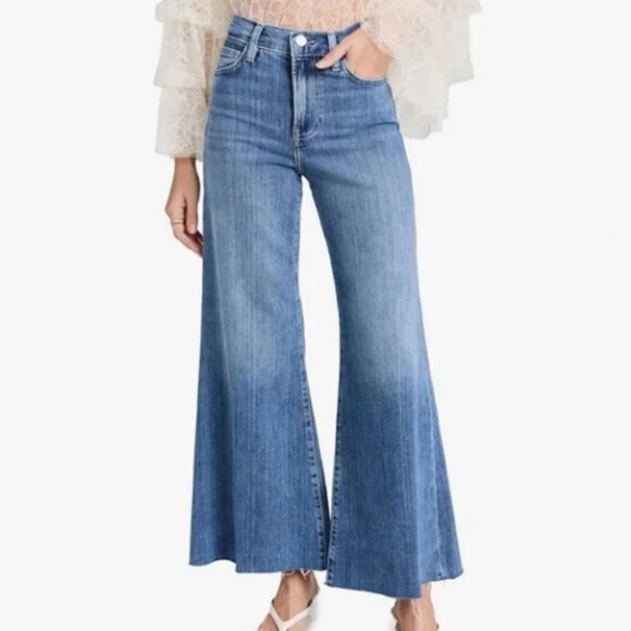 Frame Le Palazzo Crop High Rise Wide Leg in Daphne Blue Raw Hem Jeans Size 27 - Picture 1 of 10